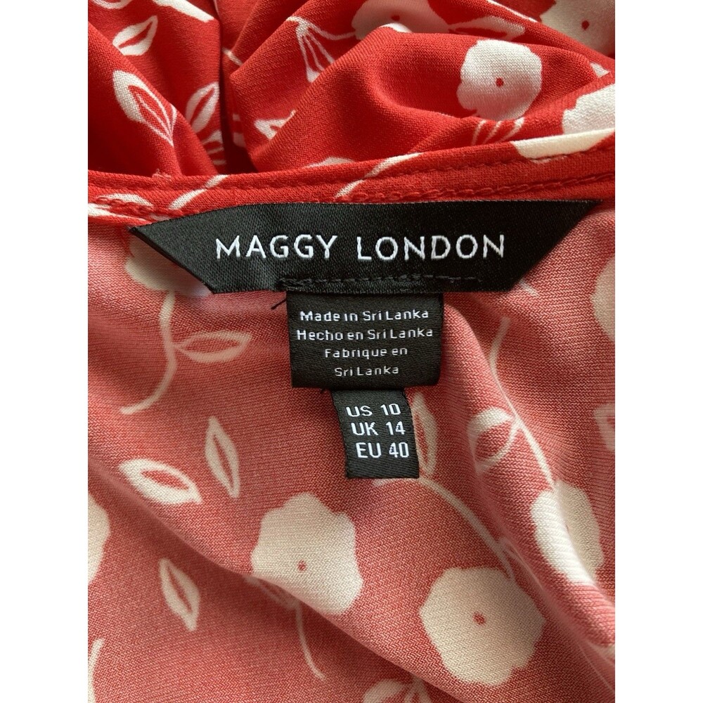 Maggy London Wrap Dress Red Floral Ruched Cap Sleeve Size 10 - Picture 7 of 9